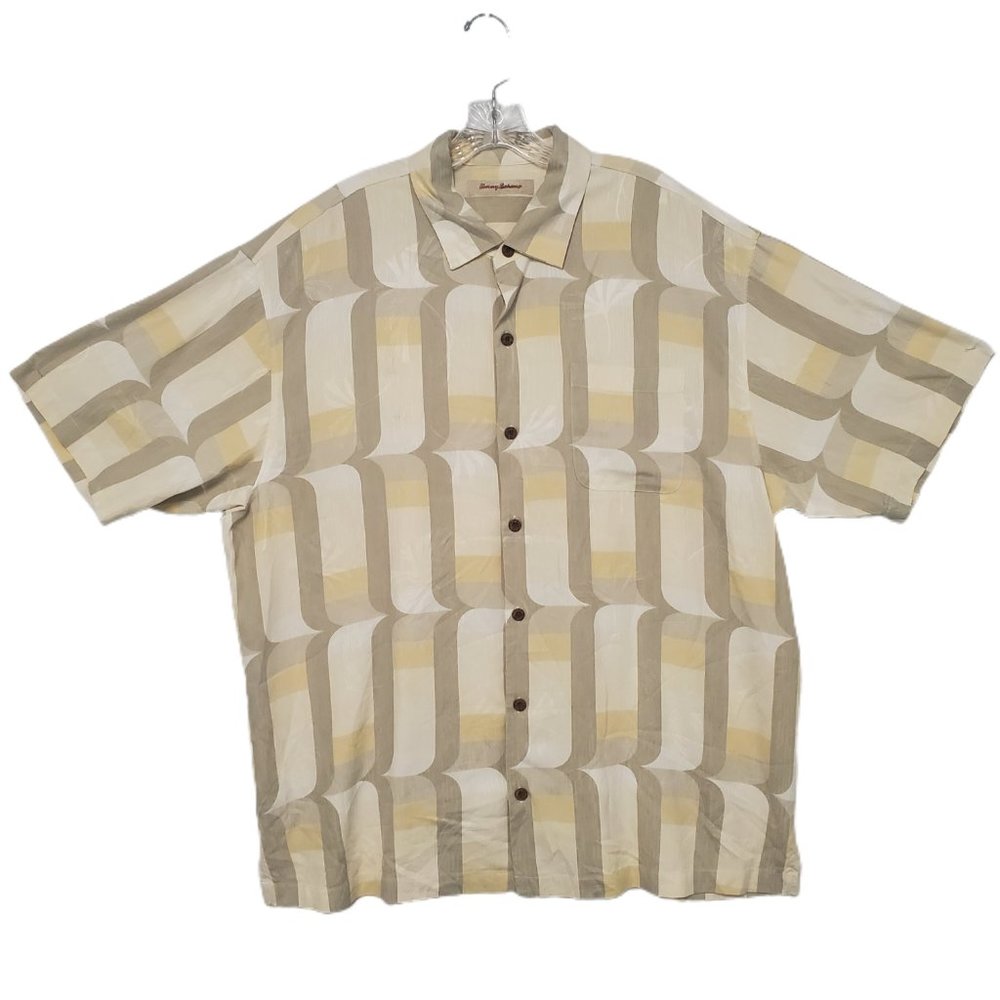 TOMMY BAHAMA  Mens XL Tan Silk Shirt Camp Button Up Casual Short Sleeve